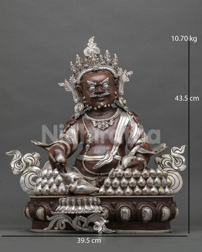 Yellow Jambhala statue front view, oxidized copper Dzambhala with silver plating