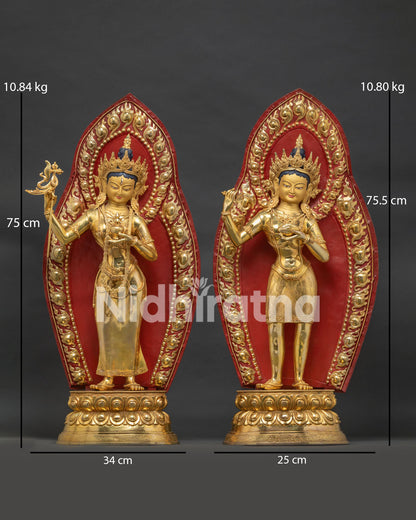 Yeshe Tsogyal and Mandarava gold statue pair standing on lotus base with red halo