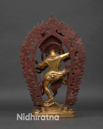 Yeshe Walmo statue back view intricate carving oxidized copper gold accents sacred Buddhist altar decor purification flames spiritual art