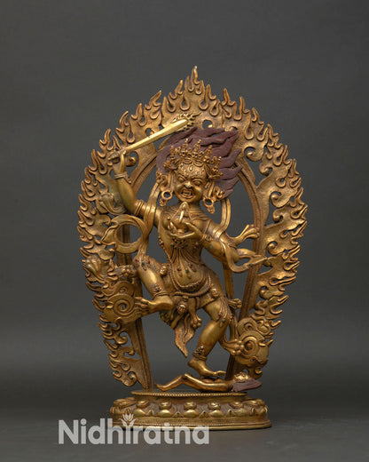 Yeshe Walmo statue front view wrathful female Dharma protector copper 24K gold fire gilded Nepal Patan artisan altar sculpture