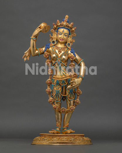 Yumka Dechen Gyalmo statue, handcrafted in Nepal with 24K gold gilding and turquoise coral stone details